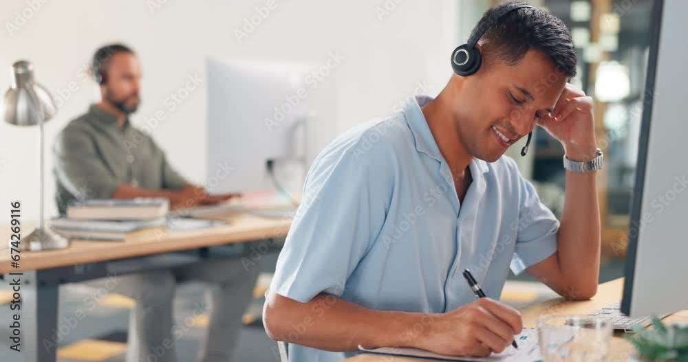 Poster man, consultant and call center writing notes in telemarketing for customer support or advice at the
