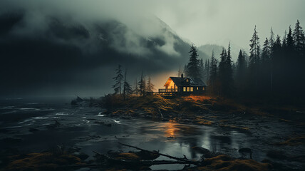 night landscape, mysterious lonely house in misty autumn mountains, thriller, horror, fairy tale