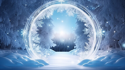 round ice frosty arch festive night evening, frame outside, presentation winter greeting card