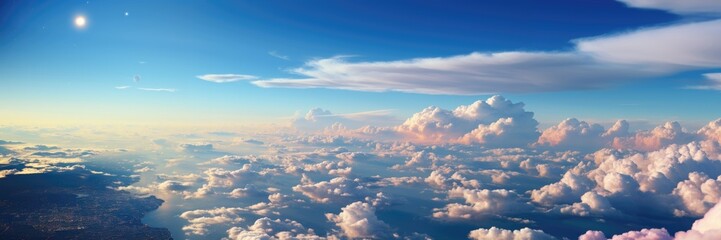 An abstract wide-format wallpaper capturing the serene beauty of fluffy clouds in an aerial view, as they cast soft shadows and create a calming and expansive horizon. Photorealistic illustration