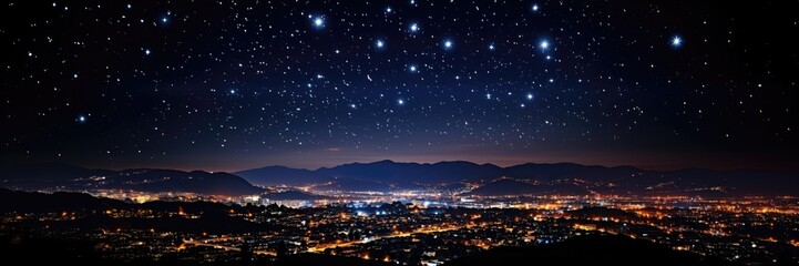 An abstract wide-format wallpaper showcasing a starry night sky stretching over an illuminated city, combining the serenity of the cosmos with the vibrant urban landscape. Photorealistic illustration