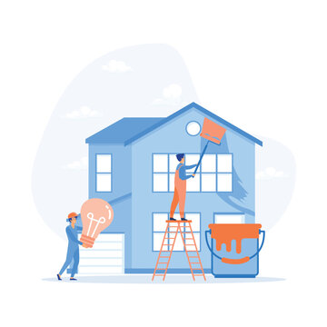Home renovation workers. Repairman team building house. lat vector modern illustration 