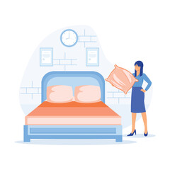Housekeeper in uniform making bed in room, cleaning lady, room service, breakfast in bed, hotel management, hospitality business vector cartoon.flat vector modern illustration 