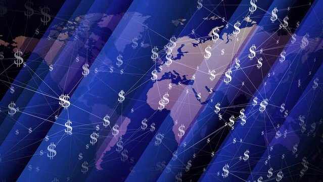 Financial news visualization dollar signs on world map background illuminate global success and investment opportunities, providing dynamic overview of international business trends