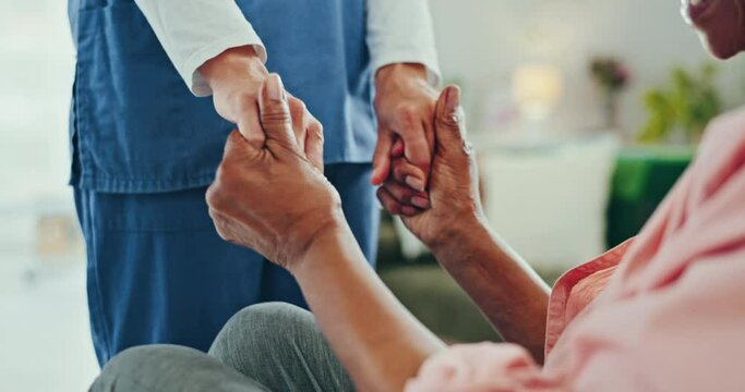 Nurse, senior woman and holding hands for comfort, empathy and hope after cancer. Caregiver, elderly patient and support closeup for kindness, medical help and trust, healthcare and encourage in home