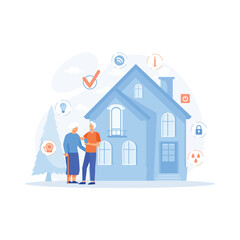 Smart home. Elderly couple holding remote home control system on a digital tablet, flat vector modern illustration 