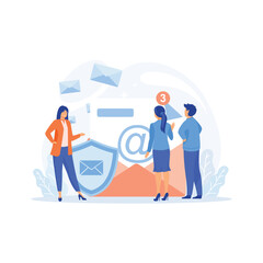 Email encryption. People stand near big shield, email letters, messages, flat vector modern illustration 