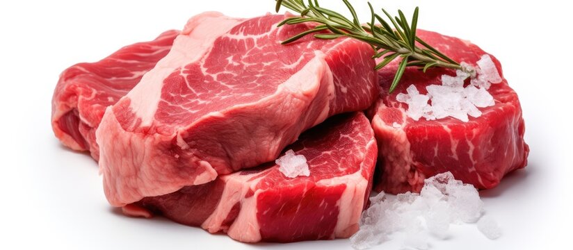 Frozen beef meat chunk on a white backdrop