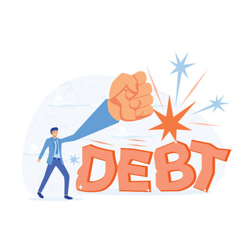 Breaking debt. Businessman trying to crush and smash the heavy debt burden, flat vector modern illustration 
