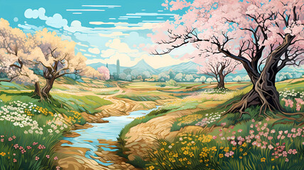 Hand drawn beautiful impressionist style landscape illustration background material
