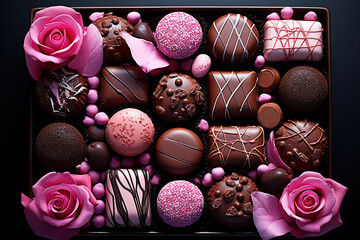 Delicious sweet chocolate treats on a dark background for special birthdys or mothers day. - obrazy, fototapety, plakaty