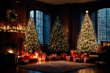Fototapeta na wymiar christmas tree family santa claus gifts