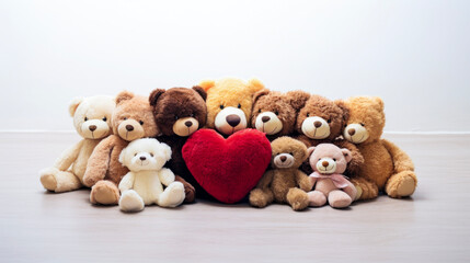 Adorable Collection of Teddy Bears with Plush Red Heart on a Wooden Floor - Love and Comfort Concept