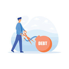 Cut debt. Businessman holding scissors to cut debt bomb, flat vector modern illustration 