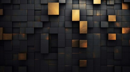 Abstract dark geometric wall with 3D textures in noble gold and black, featuring squares and...