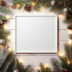 Christmas-style flat lay frame scene with evergreen tree twigs and copy space