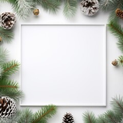 Christmas-style flat lay frame scene with evergreen tree twigs and copy space