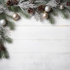 Christmas-style flat lay frame scene with evergreen tree twigs and copy space