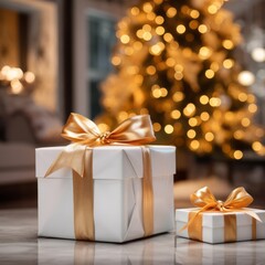 Christmas presents with gold ribbon on the table