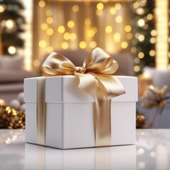 Christmas presents with gold ribbon on the table