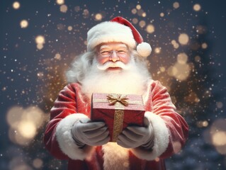 Photo of happy Santa Claus carrying gift boxes