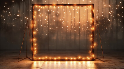 arch glowing autumn rectangular frame with light bulbs and garlands entrance, invitation frame in misty autumn mood halloween