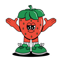 Cute character Strawberry in groovy cartoon style. Trendy and modern illustration with funky comic mascot. Red, green colors of fruit. 70s, 80s retro vibes. Vector