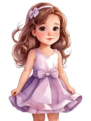 A happy birthday girl with a purple dress. Watercolor cartoon girl. 