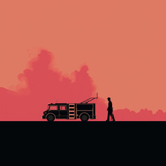 A simple silhouette of a firefighter with a firetruck. Flat clean illustration style