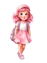 A happy birthday girl with a pink dress. Watercolor cartoon girl. A girl with backpack. 
