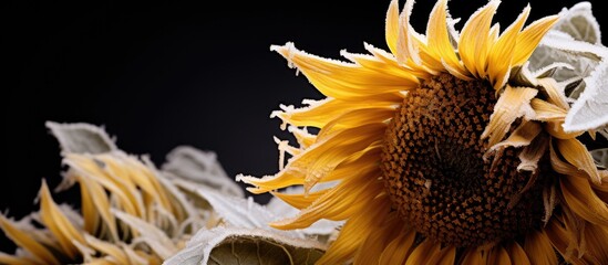 Detailed photographs of a sunflower that is frozen