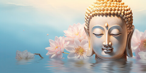 glowing golden buddha on water with pastel pink lotus flowers - obrazy, fototapety, plakaty