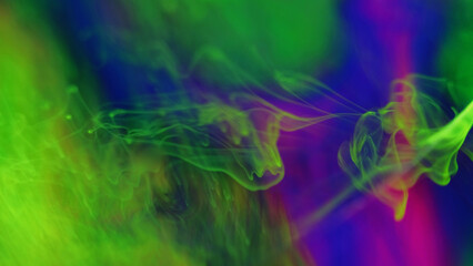 Neon mist floating. Paint water flow. Defocused glowing bright green purple blue pink color smoke texture ink mix motion abstract art background.