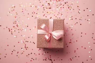 Gift box with confetti decoration on pink pastel table   birthday or wedding composition