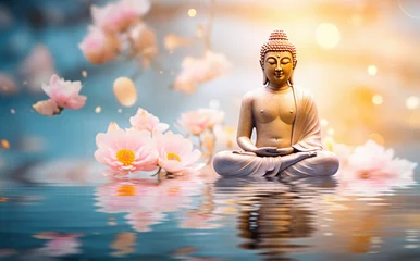 Poster glowing golden buddha on water with pastel pink lotus flowers © Kien