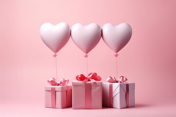 Heart shaped balloons and gift boxes flying for birthday, mothers day, and valentines day