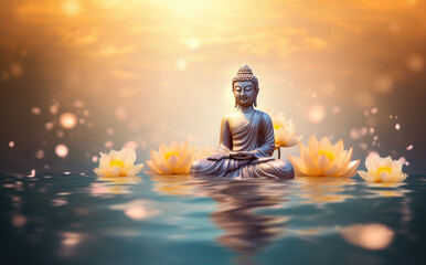 glowing golden buddha on water with pastel pink lotus flowers