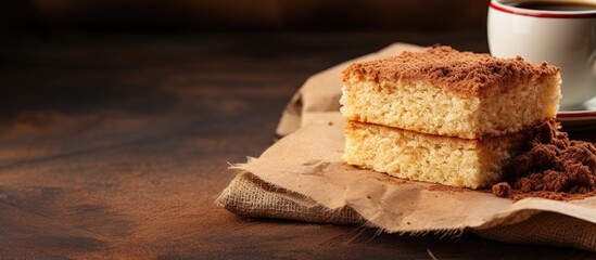 Picture of a coffee flavored pastry on a background made of a brown bag - obrazy, fototapety, plakaty