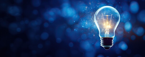 Artificial intelligence data digital innovation, abstract blue glow light bulb on dark blue background