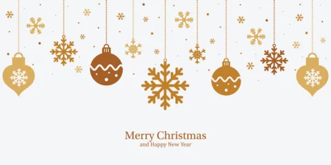Fotobehang Gold christmas decorations, hanging xmas baubles and snowflakes, greeting Merry Christmas. © Irina
