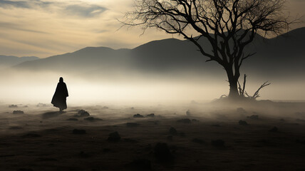 silhouette of an ancient dark traveler in the desert at sunset biblical story. - obrazy, fototapety, plakaty