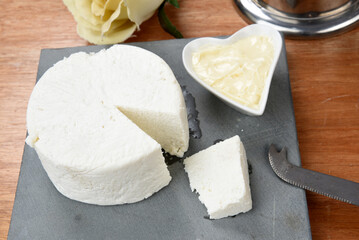 cup of tea with ricotta cheese on wooden table, brazilian breakfast