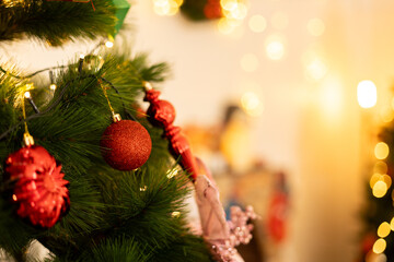 Fototapeta na wymiar Christmas decorations with blur bokeh. merrchristmas holiday beautiful celebration party. happy new year.