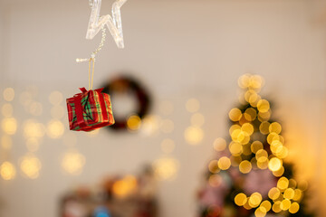 Christmas decorations with blur bokeh. merrchristmas holiday beautiful celebration party. happy new year.
