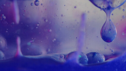 Bubble fluid. Oil texture. Paint water drop. Blue purple color transparent wet gel ink air circle motion decorative art abstract background.