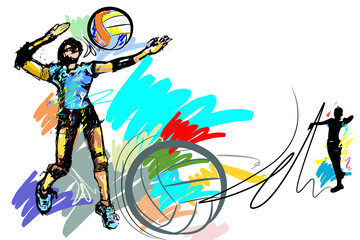 lady action hit volleyball and brush strokes style sketch ink