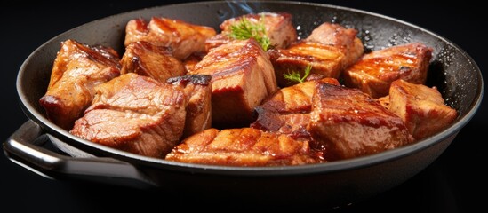 Cooking red meat in a pan involves frying juicy pork that has been cut into pieces using butter - obrazy, fototapety, plakaty