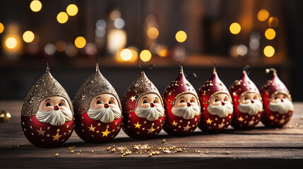 Cute, whimsical Santa Christmas tree baubles with a bokeh background. - obrazy, fototapety, plakaty