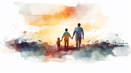 watercolor drawing isolated on a white background father walking hand in hand with his son view from the back. - obrazy, fototapety, plakaty