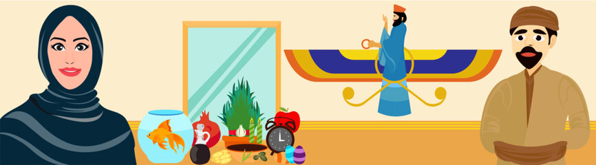 Happy Nowruz Vector, Persian New Year Greeting Vector, Goldfish In A Glass Bowl, Green Grass, Red Pomegranate, Colored Eggs And Gold Coins, As A Symbol Of The Celebration Of International Nowruz Day, 